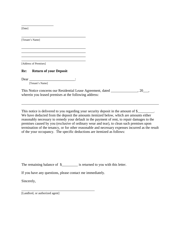 Letter from Landlord to Tenant Returning security deposit less deductions - Indiana Preview on Page 1