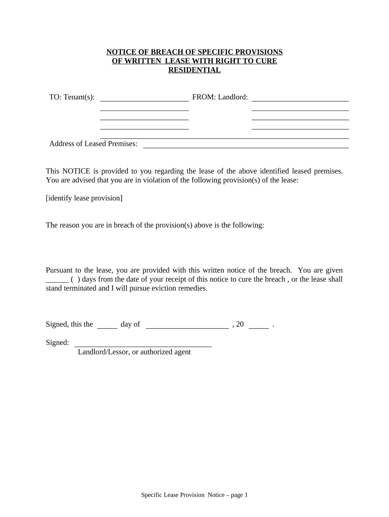 Notice of Breach of Written Lease for Violating Specific Provisions of Lease with Right to Cure for Residential Property from Landlord to Tenant - Indiana Preview on Page 1