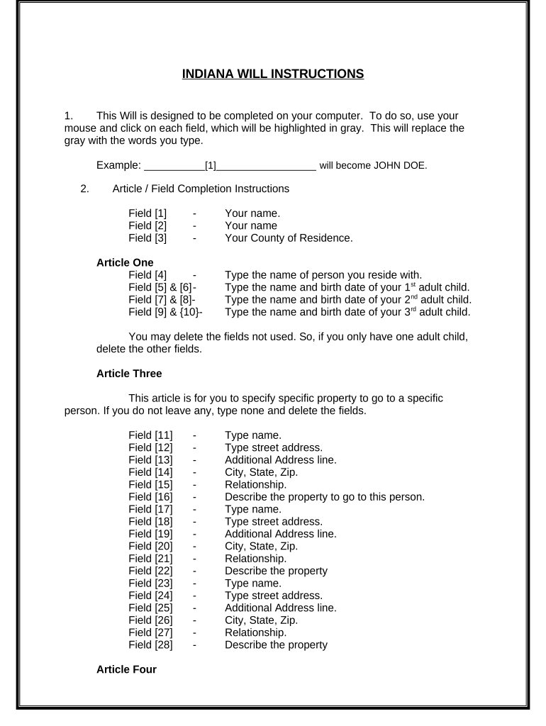 Mutual Wills Package of Last Wills and Testaments for Unmarried Persons living together with Adult Children - Indiana Preview on Page 1