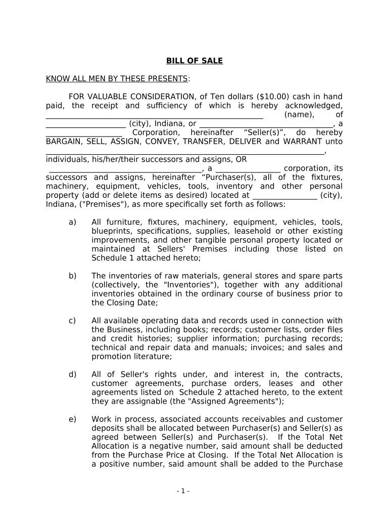 Bill of Sale in Connection with Sale of Business by Individual or Corporate Seller - Indiana Preview on Page 1.