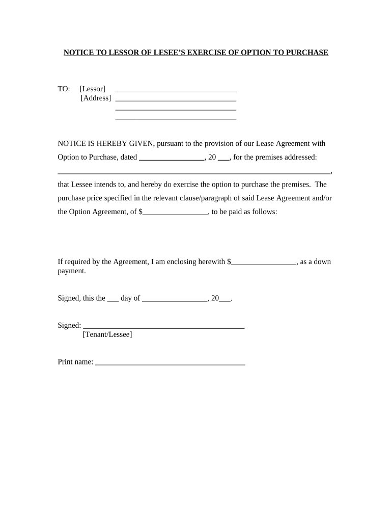 Notice to Lessor Exercising Option to Purchase - Indiana Preview on Page 1.