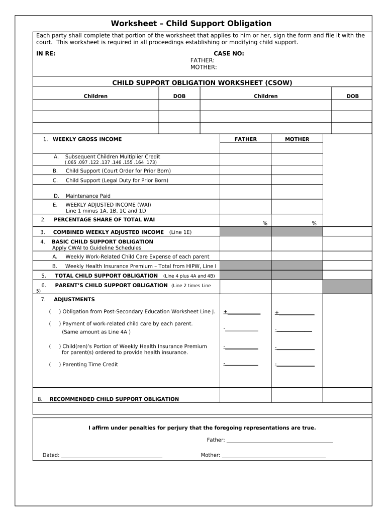 indiana child support worksheet Preview on Page 1