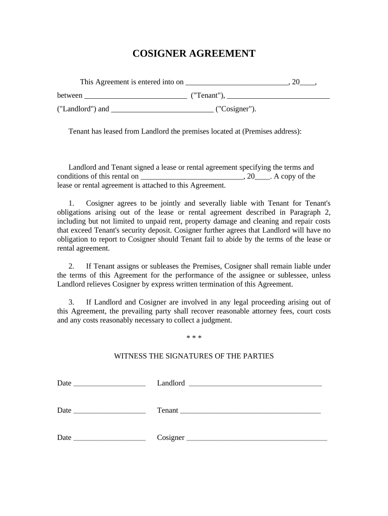 Landlord Tenant Lease Co-Signer Agreement - Indiana Preview on Page 1