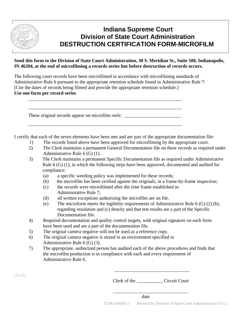 Destruction Certification Form - Indiana Preview on Page 1