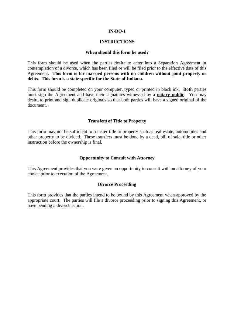 Marital Legal Separation and Property Settlement Agreement for persons with No Children, No Joint Property or Debts where Divorce Action Filed - Indiana Preview on Page 1