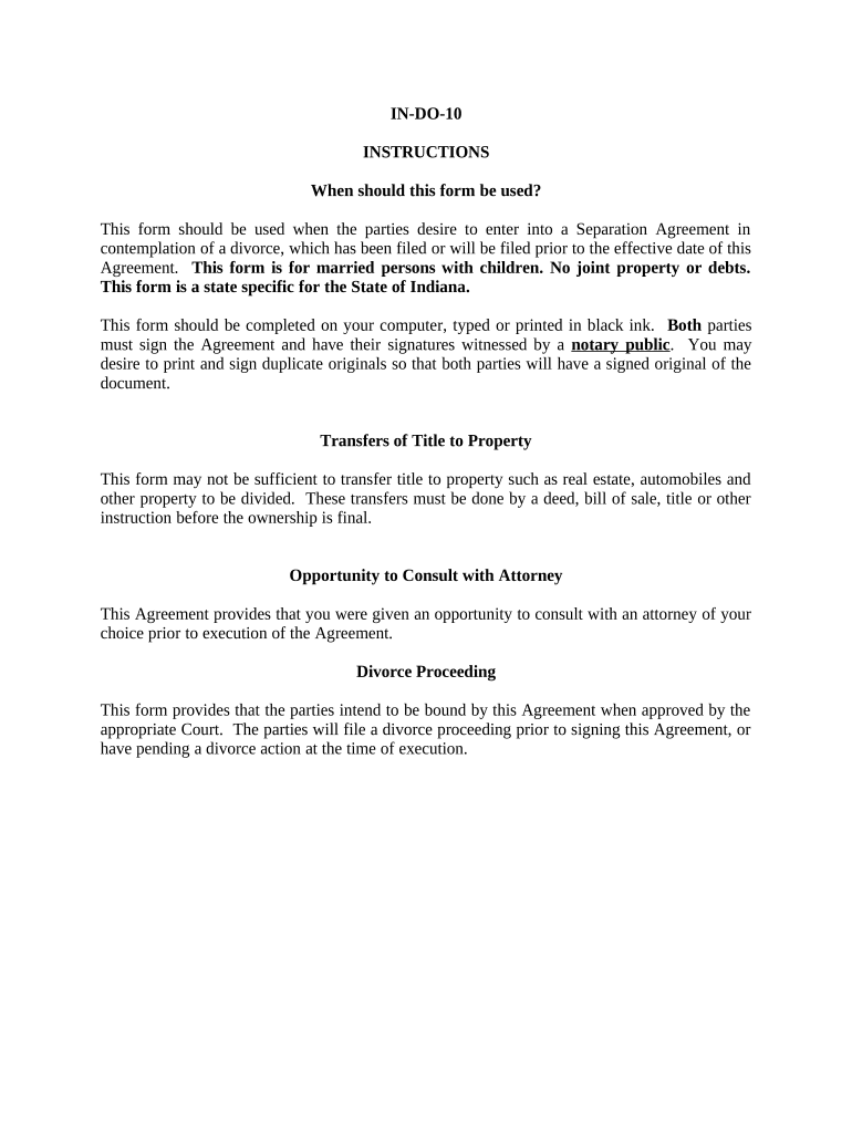 Marital Legal Separation and Property Settlement Agreement Minor Children no Joint Property or Debts where Divorce Action Filed - Indiana Preview on Page 1