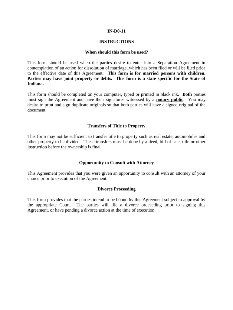 Marital Legal Separation and Property Settlement Agreement Minor Children Parties May have Joint Property or Debts where Divorce Action Filed - Indiana Preview on Page 1