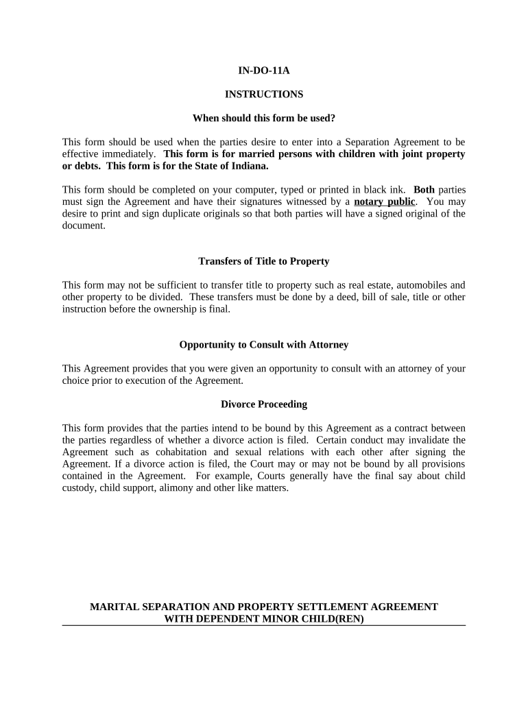 Marital Legal Separation and Property Settlement Agreement Minor Children Parties May have Joint Property or Debts effective Immediately - Indiana Preview on Page 1