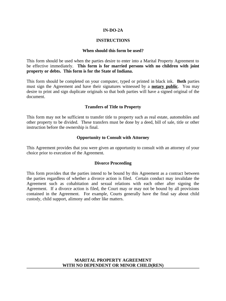 Marital Legal Separation and Property Settlement Agreement no Children parties may have Joint Property or Debts Effective Immediately - Indiana Preview on Page 1