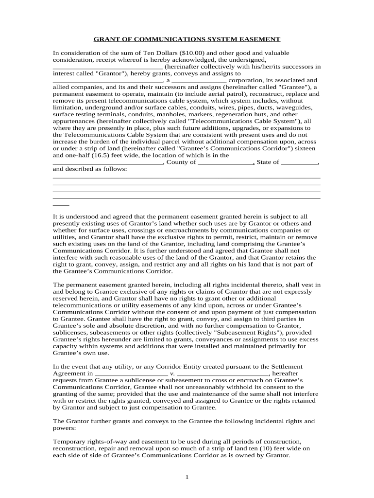 Grant of Communications System Easement to Operate Cable System - Indiana Preview on Page 1