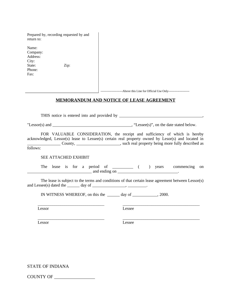 Notice of Lease for Recording - Indiana Preview on Page 1