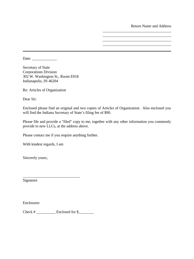 Sample Cover Letter for Filing of LLC Articles or Certificate with Secretary of State - Indiana Preview on Page 1