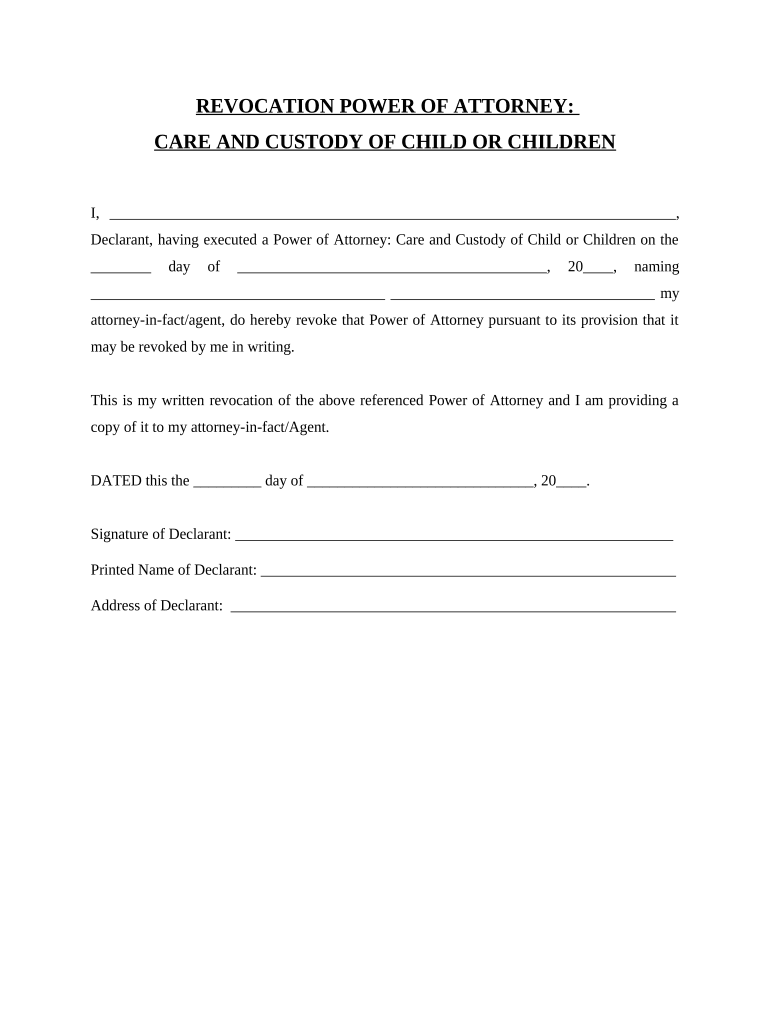 Revocation of Power of Attorney for Care of Child or Children - Indiana Preview on Page 1