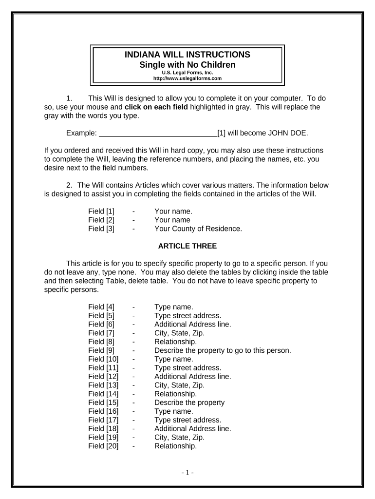 Legal Last Will and Testament Form for Single Person with No Children - Indiana Preview on Page 1