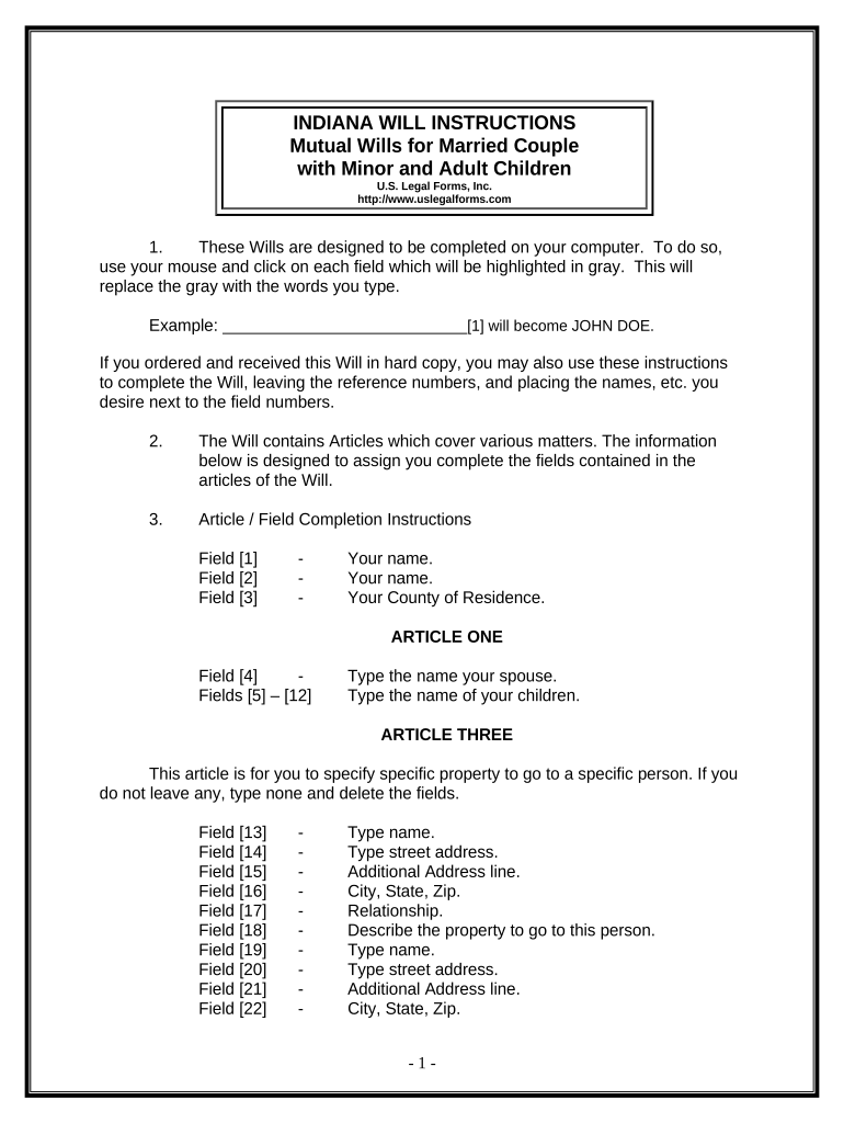 Mutual Wills Package with Last Wills and Testaments for Married Couple with Adult and Minor Children - Indiana Preview on Page 1