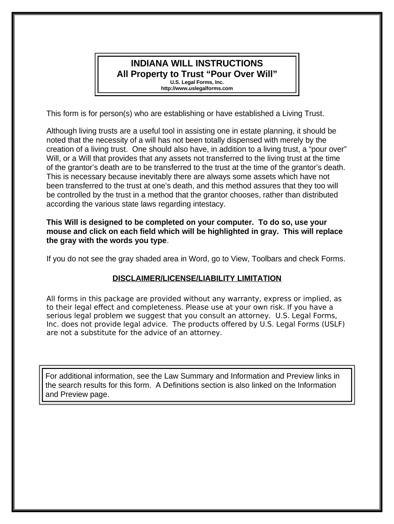 Legal Last Will and Testament Form with All Property to Trust called a Pour Over Will - Indiana Preview on Page 1