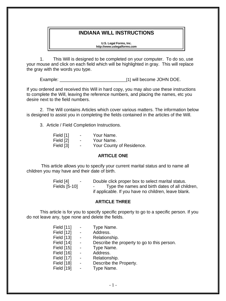 Last Will and Testament for other Persons - Indiana Preview on Page 1