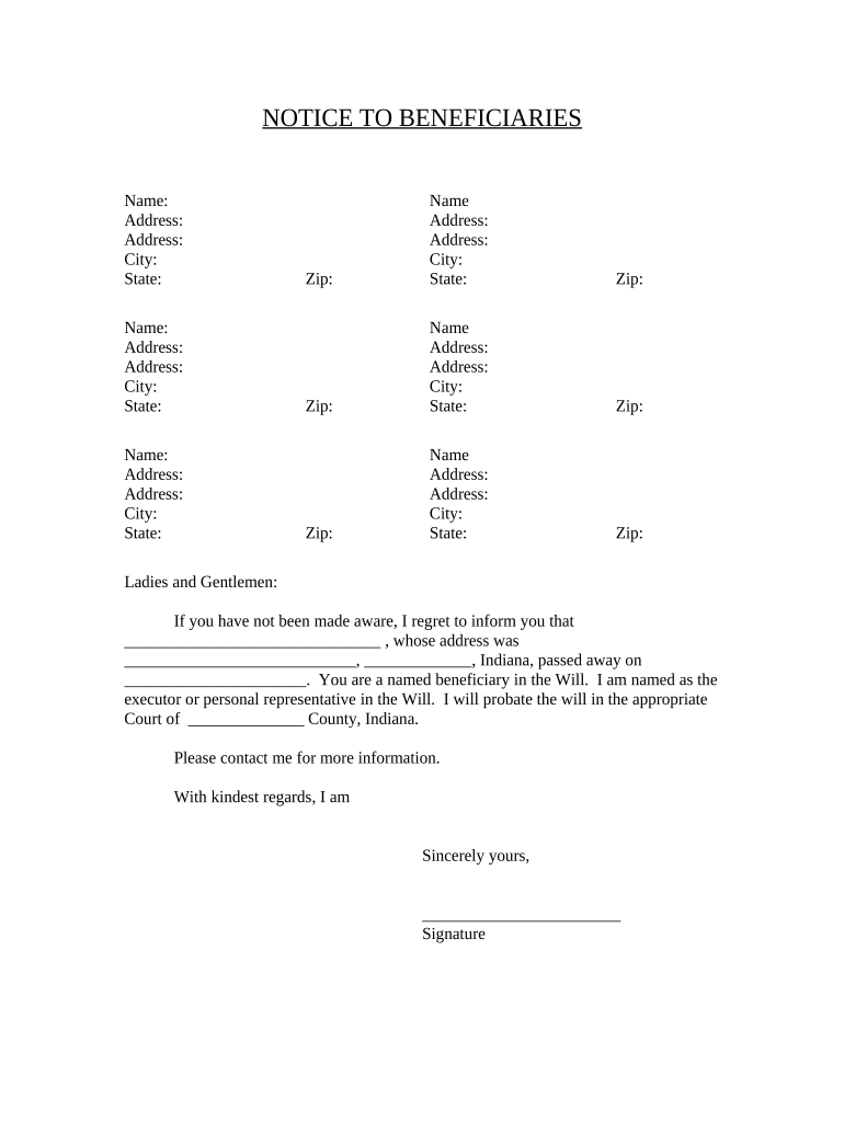 Notice to Beneficiaries of being Named in Will - Indiana Preview on Page 1