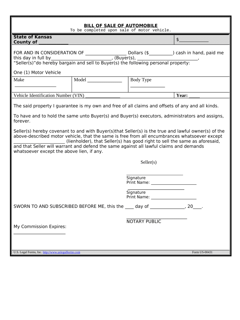 Bill of Sale of Automobile and Odometer Statement - Kansas Preview on Page 1