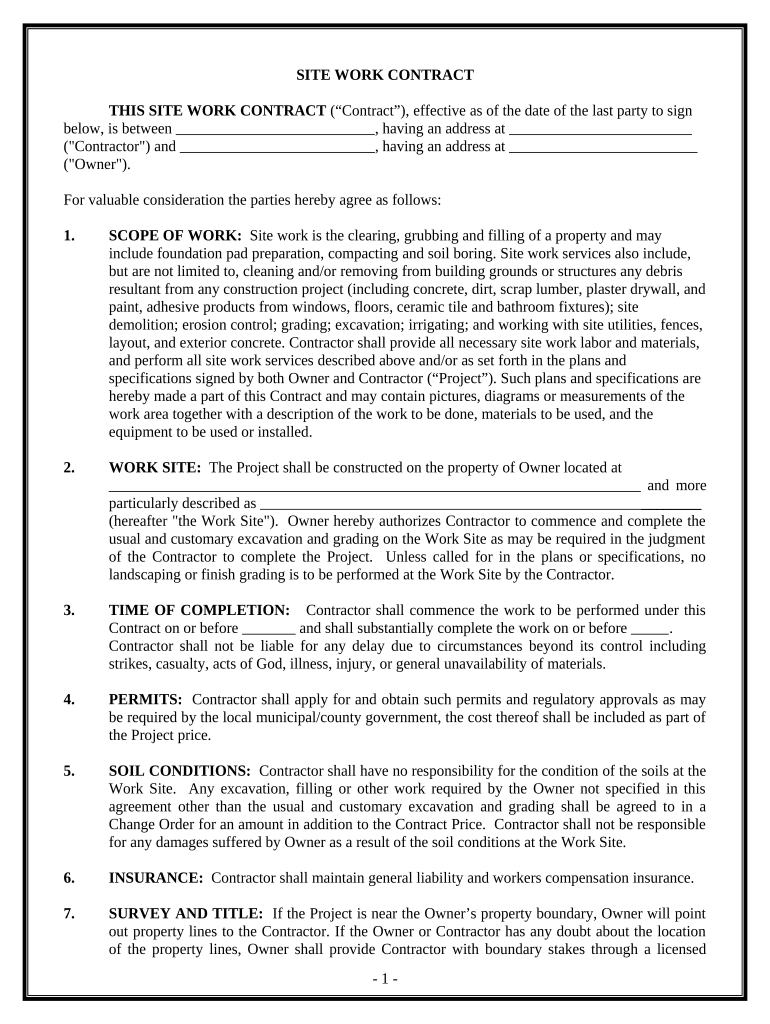 Site Work Contract for Contractor - Kansas Preview on Page 1.