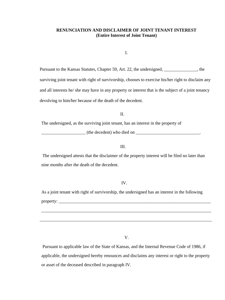 Kansas Renunciation and Disclaimer of Joint Tenant or Tenancy Interest - Kansas Preview on Page 1