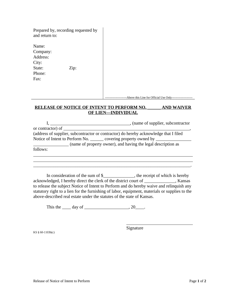 lien waiver form kansas Preview on Page 1