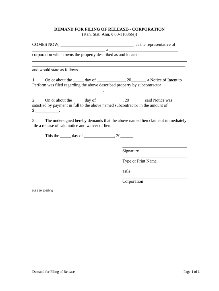 Demand for Filing and Release of Waiver by Corporation or LLC - Kansas Preview on Page 1