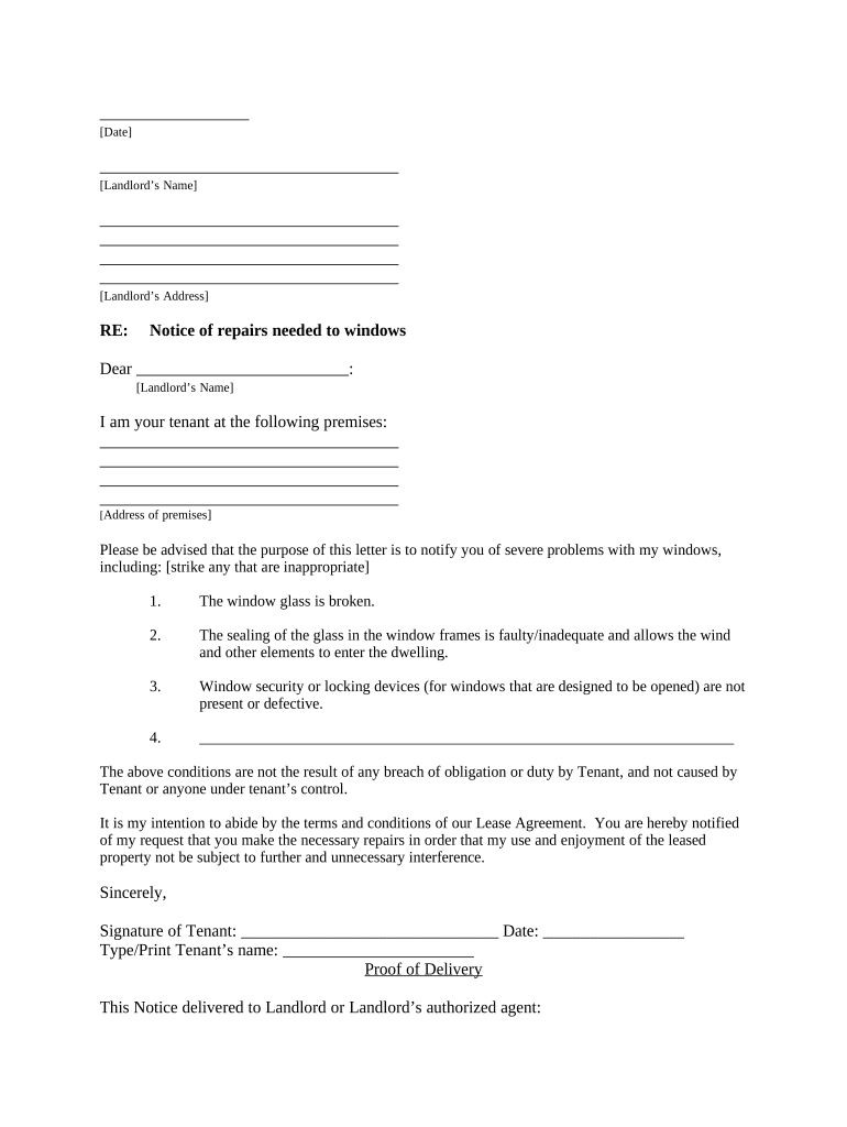 Letter from Tenant to Landlord with Demand that landlord repair broken windows - Kansas Preview on Page 1