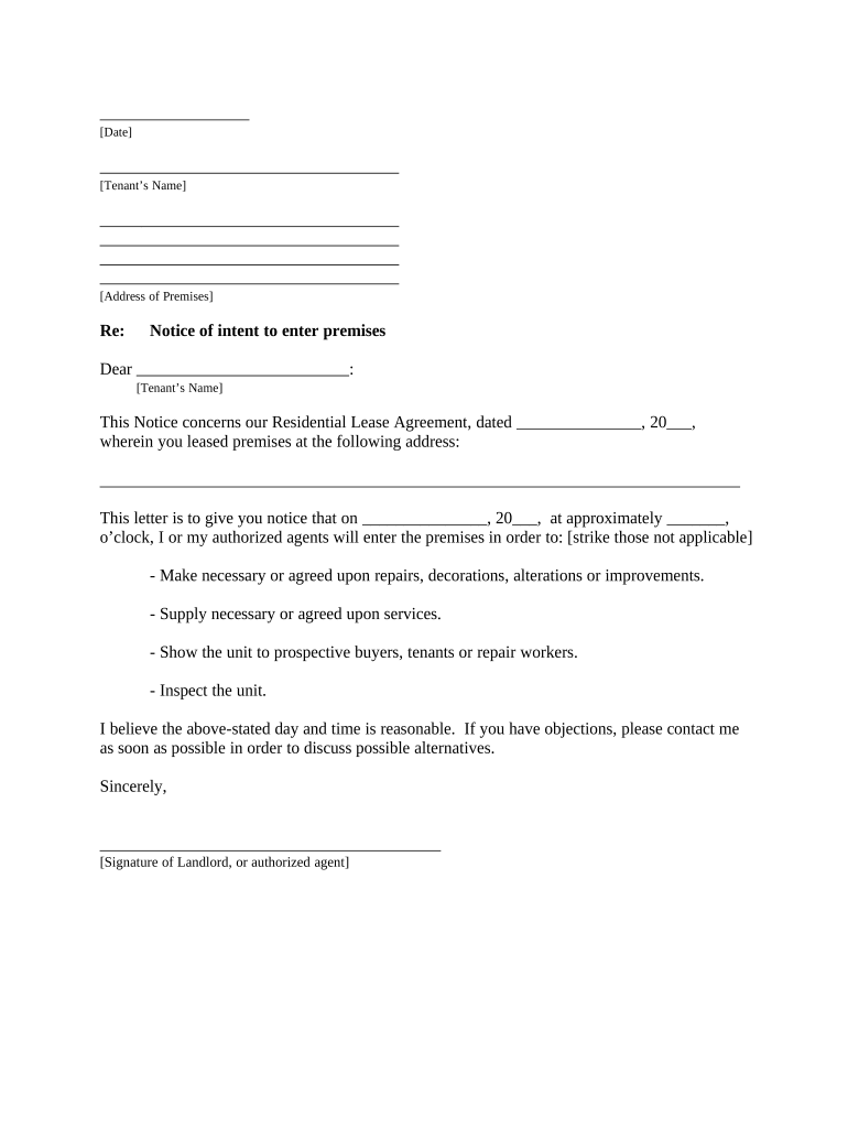 Letter from Landlord to Tenant about time of intent to enter premises - Kansas Preview on Page 1