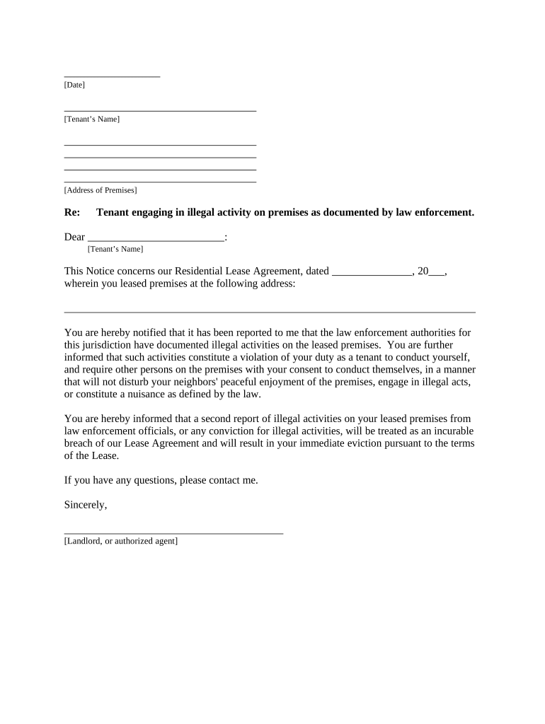 Letter from Landlord to Tenant about Tenant engaging in illegal activity in premises as documented by law enforcement and if repeated, lease terminates - Kansas Preview on Page 1.