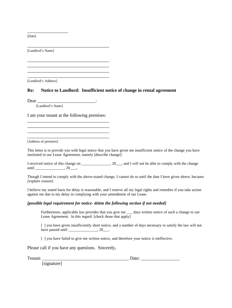 Letter from Tenant to Landlord about Insufficient Notice of Change in Rental Agreement for other than rent increase - Kansas Preview on Page 1