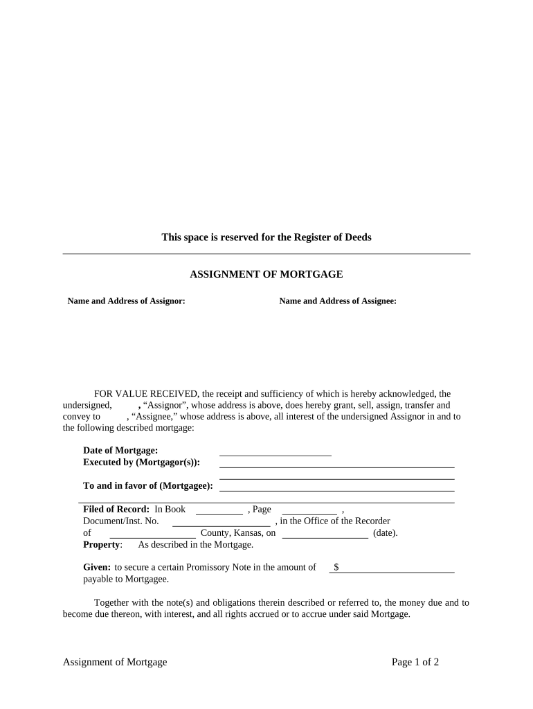 Assignment of Mortgage by Corporate Mortgage Holder - Kansas Preview on Page 1