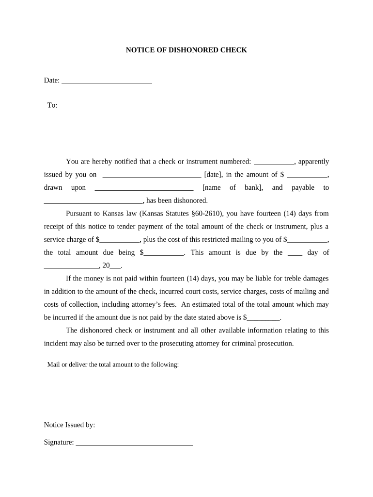 Notice of Dishonored Check - Civil - Keywords: bad check, bounced check - Kansas Preview on Page 1