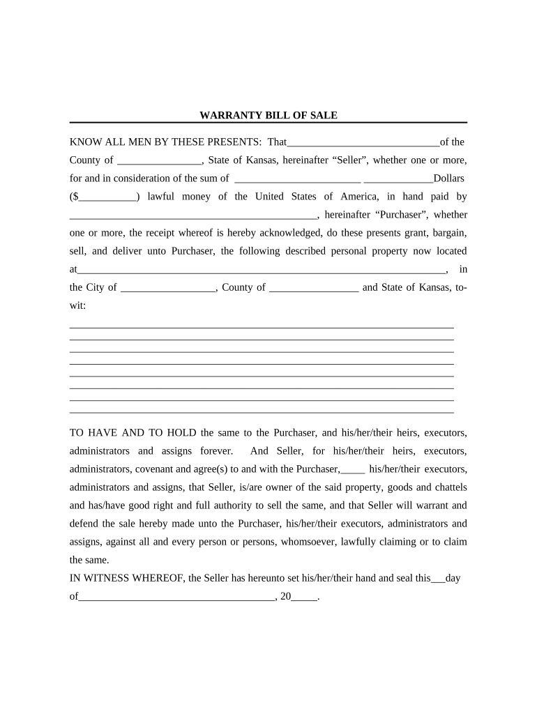 warranty bill of sale Preview on Page 1