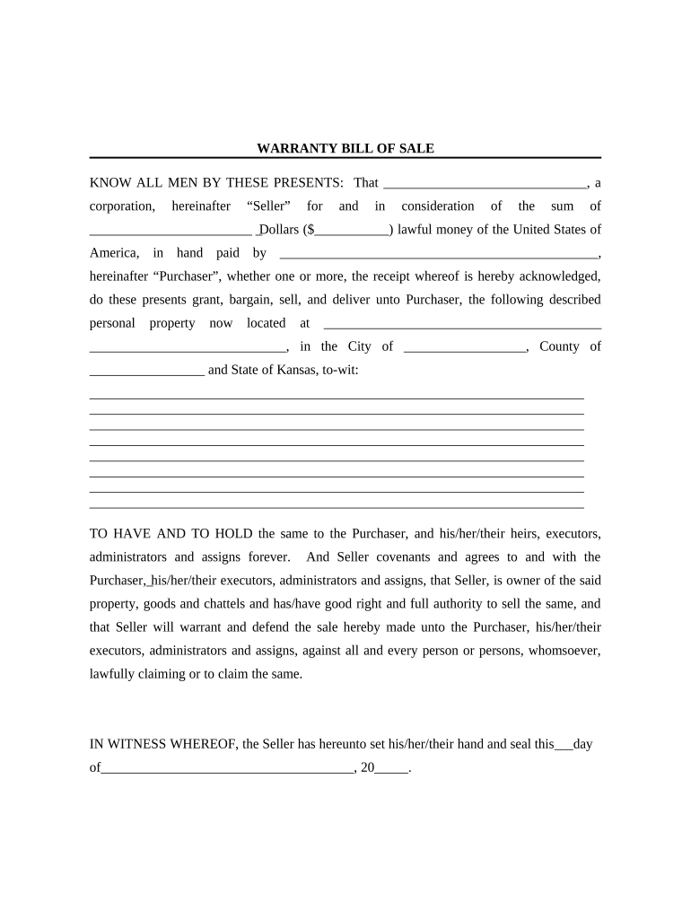 Bill of Sale with Warranty for Corporate Seller - Kansas Preview on Page 1.