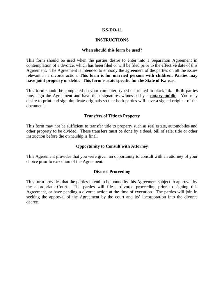 Marital Legal Separation and Property Settlement Agreement Minor Children Parties May have Joint Property or Debts where Divorce Action Filed - Kansas Preview on Page 1.