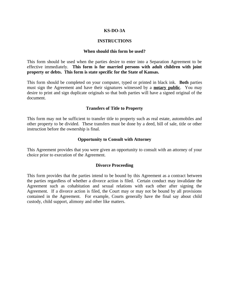 Marital Legal Separation and Property Settlement Agreement Adult Children Parties May have Joint Property or Debts effective Immediately - Kansas Preview on Page 1