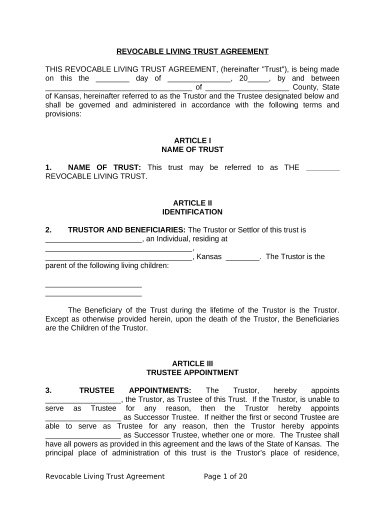 Living Trust for individual, Who is Single, Divorced or Widow (or Widower) with Children - Kansas Preview on Page 1