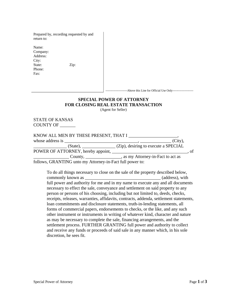 Special or Limited Power of Attorney for Real Estate Sales Transaction By Seller - Kansas Preview on Page 1