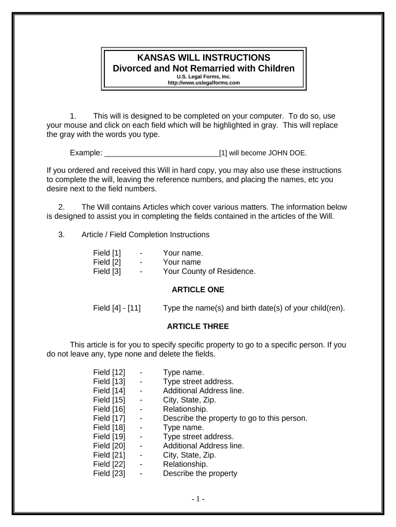 Legal Last Will and Testament Form for Divorced Person Not Remarried with Adult and Minor Children - Kansas Preview on Page 1.