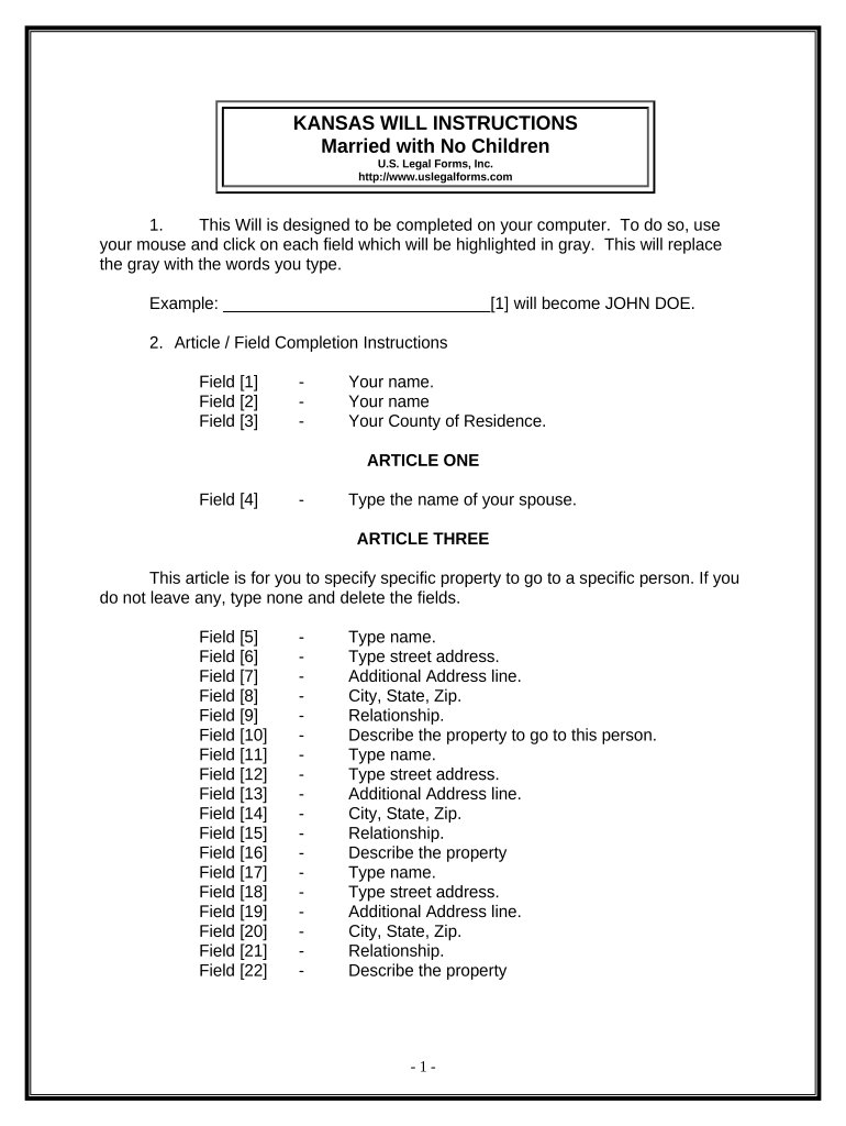 Legal Last Will and Testament Form for a Married Person with No Children - Kansas Preview on Page 1.