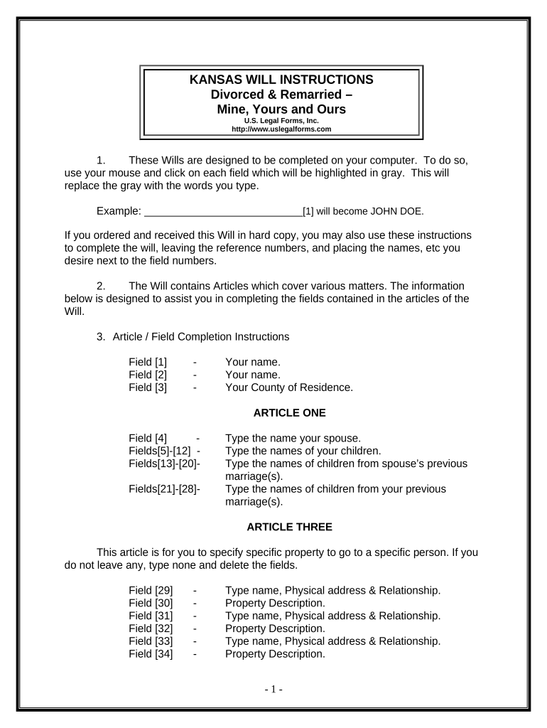 Legal Last Will and Testament Form for Divorced and Remarried Person with Mine, Yours and Ours Children - Kansas Preview on Page 1.