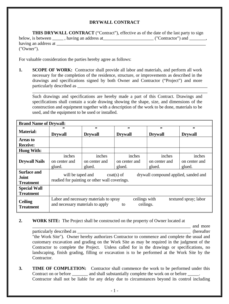 Sheetrock Drywall Contract for Contractor - Kentucky Preview on Page 1