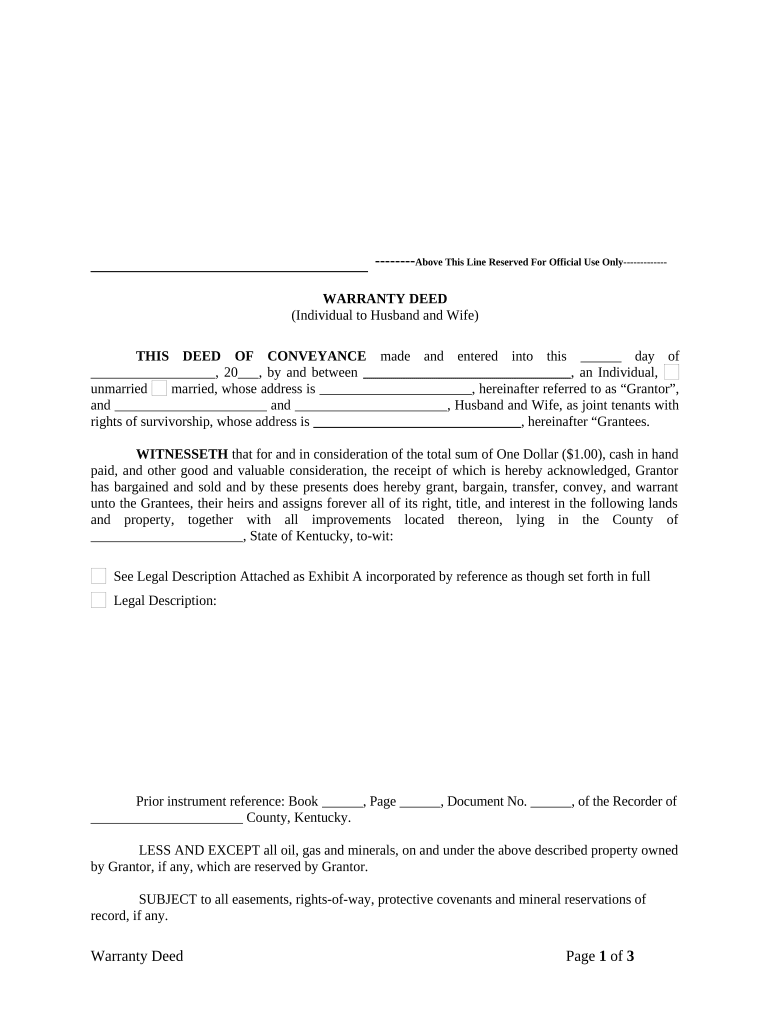 Warranty Deed from Individual to Husband and Wife - Kentucky Preview on Page 1