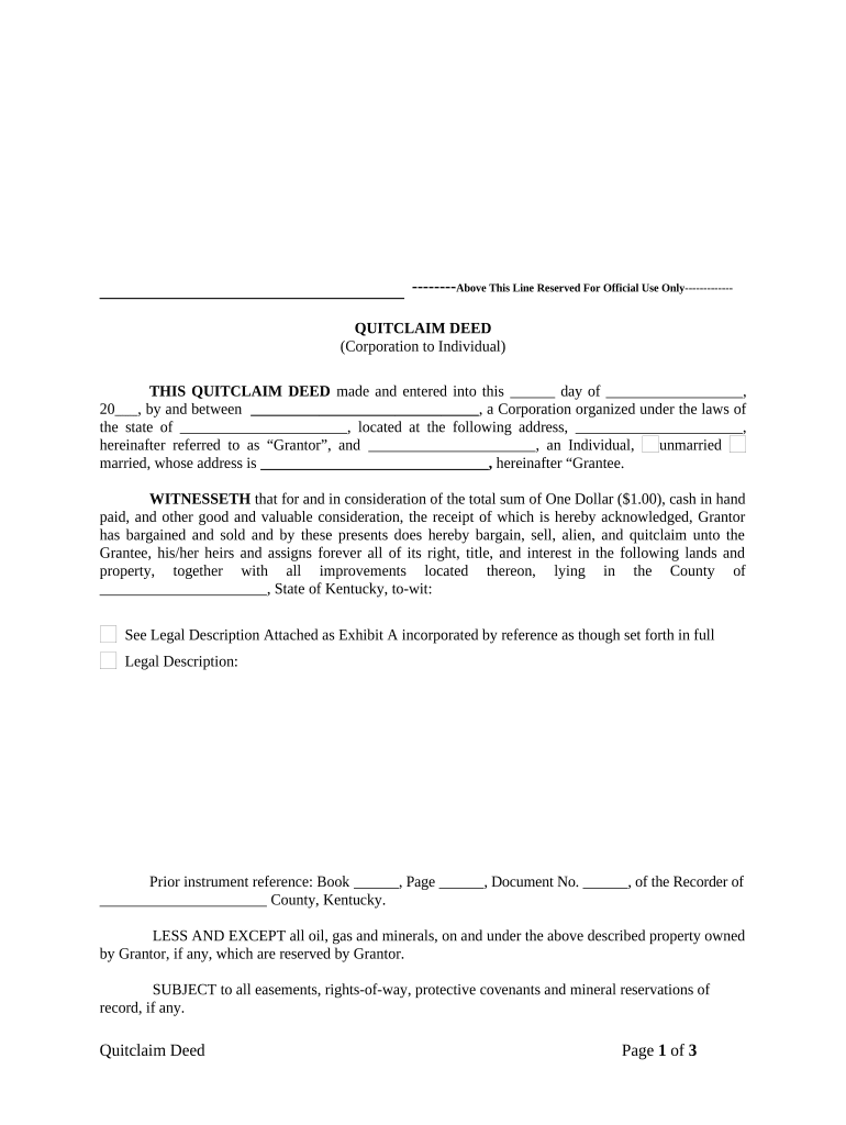 Quitclaim Deed from Corporation to Individual - Kentucky Preview on Page 1