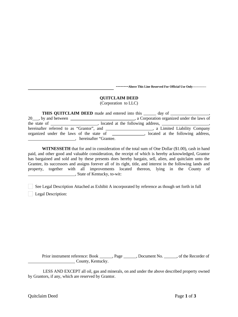 Quitclaim Deed from Corporation to LLC - Kentucky Preview on Page 1