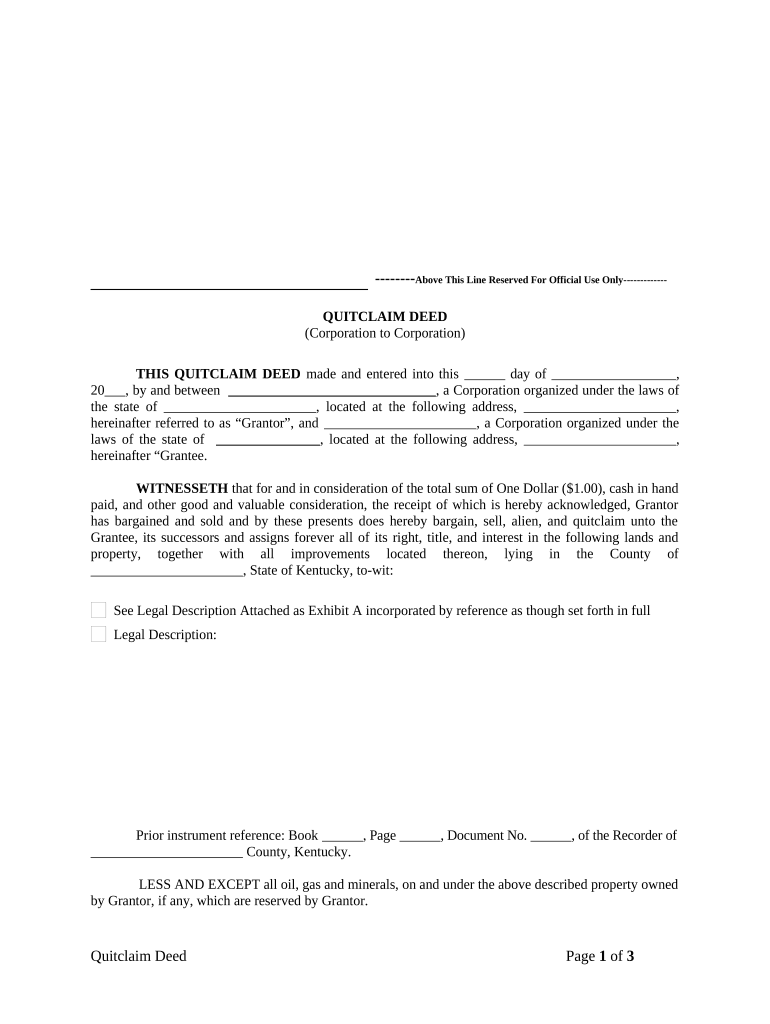 Quitclaim Deed from Corporation to Corporation - Kentucky Preview on Page 1