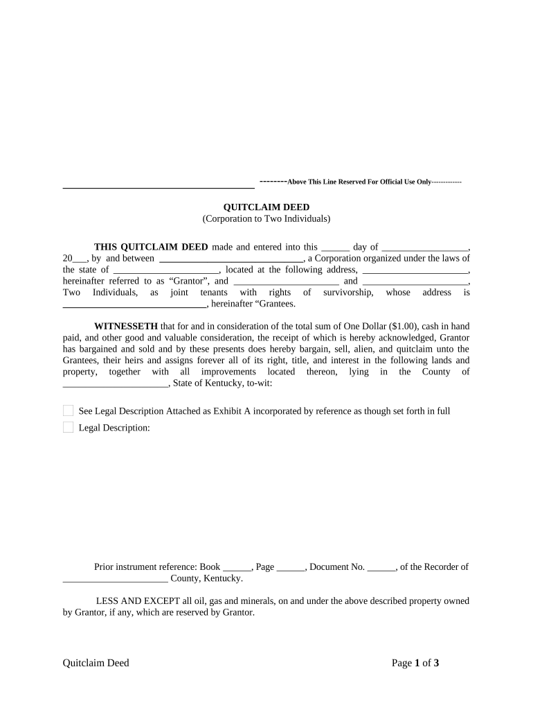 Quitclaim Deed from Corporation to Two Individuals - Kentucky Preview on Page 1