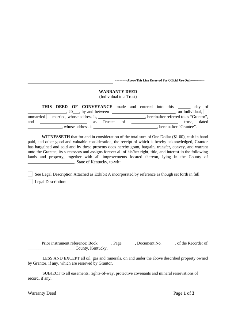 Warranty Deed from Individual to a Trust - Kentucky Preview on Page 1