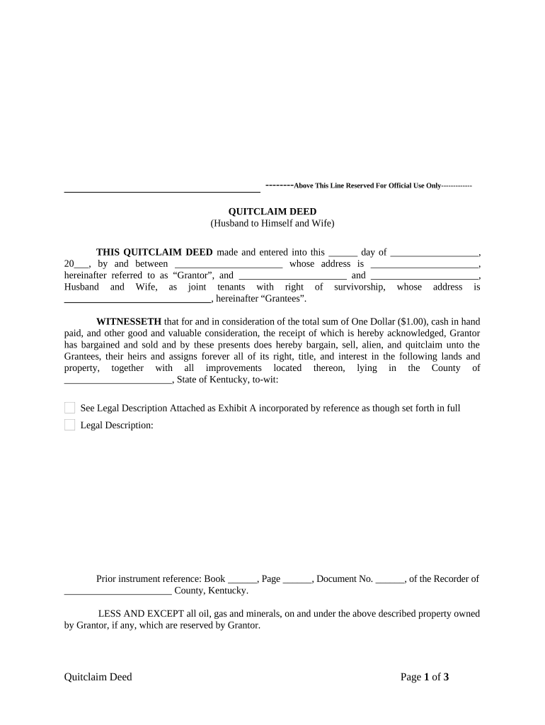 Quitclaim Deed from Husband to Himself and Wife - Kentucky Preview on Page 1.